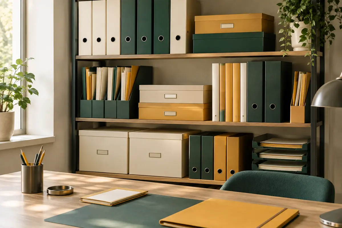 Classeurs, chemises et boîtes d’archives rangés dans un espace de travail
