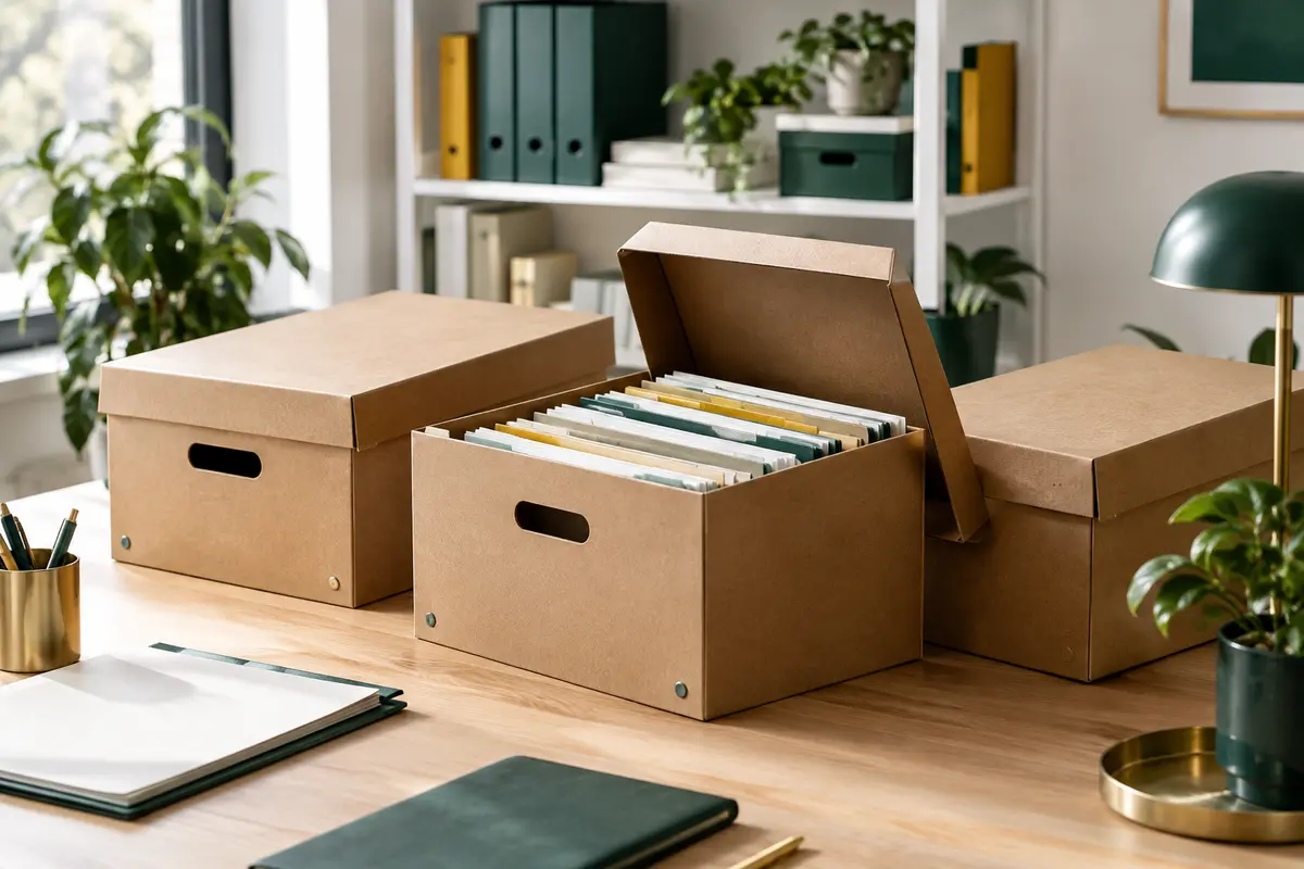 Boîtes d’archives en carton contenant des dossiers bien rangés