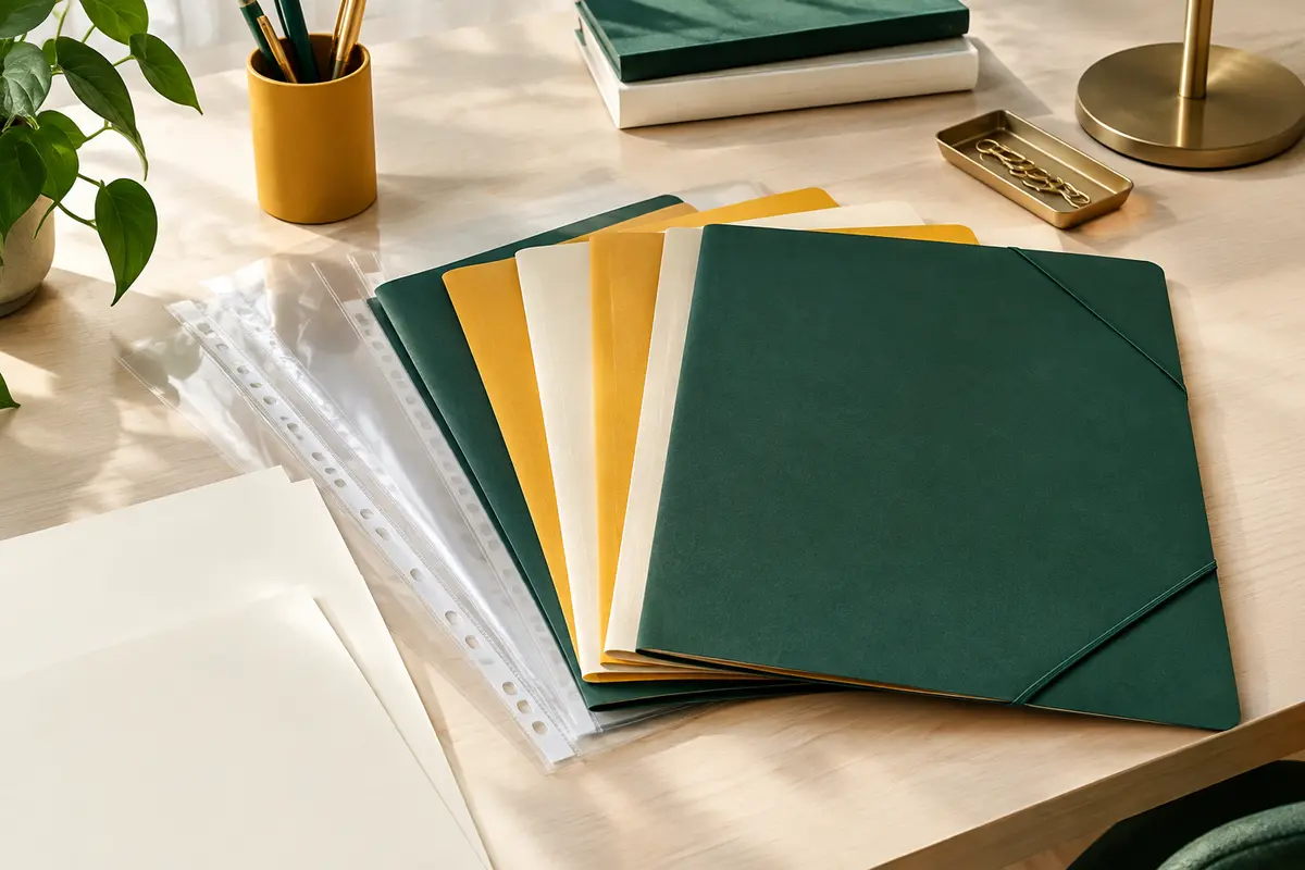 Chemises cartonnées et pochettes transparentes disposées sur un bureau