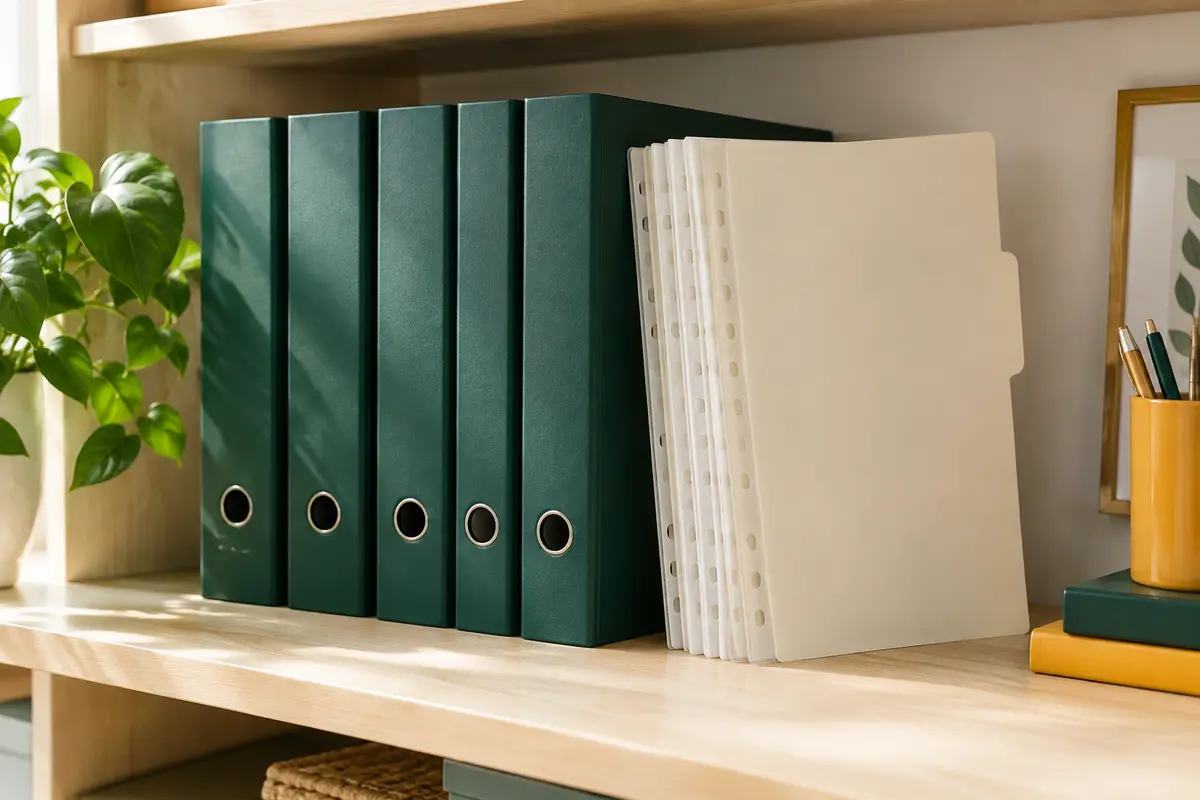 Classeurs de bureau rangés avec des documents perforés et un intercalaire