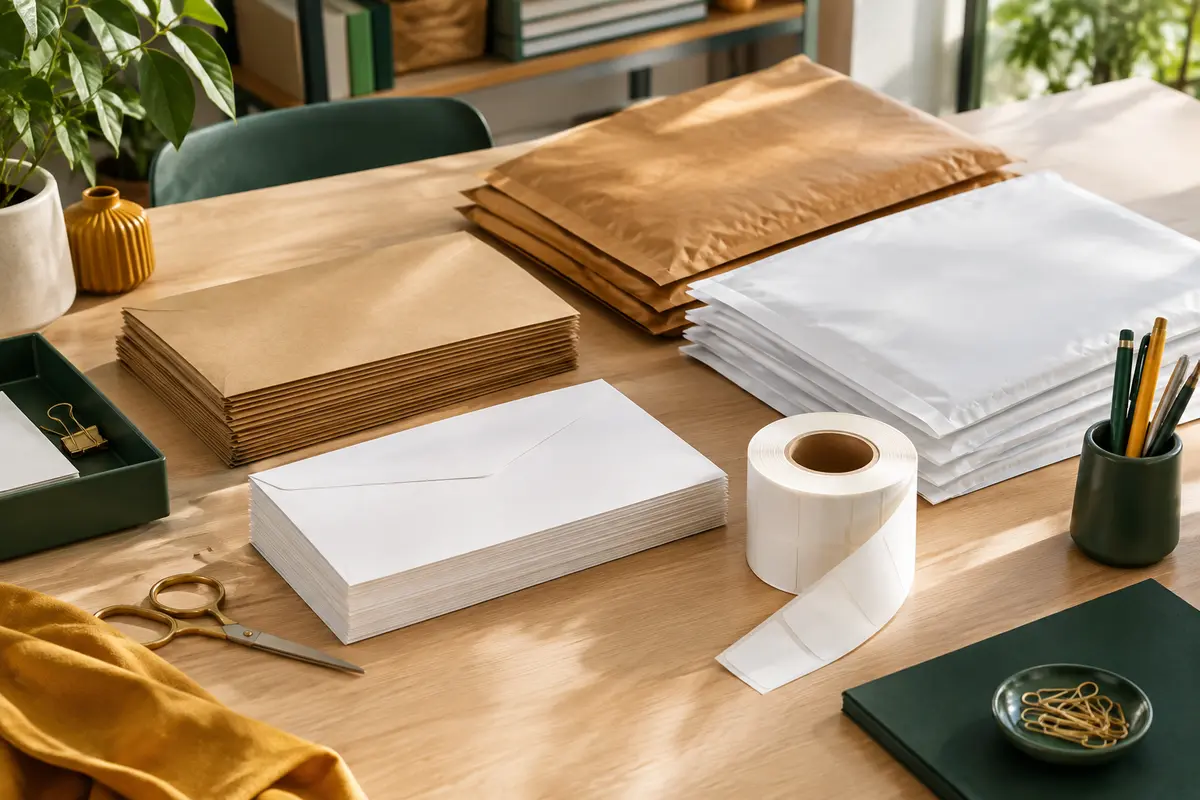 Enveloppes, pochettes d’expédition et étiquettes vierges sur une table