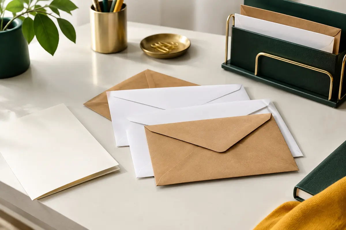 Enveloppes blanches et kraft disposées près d’une feuille pliée