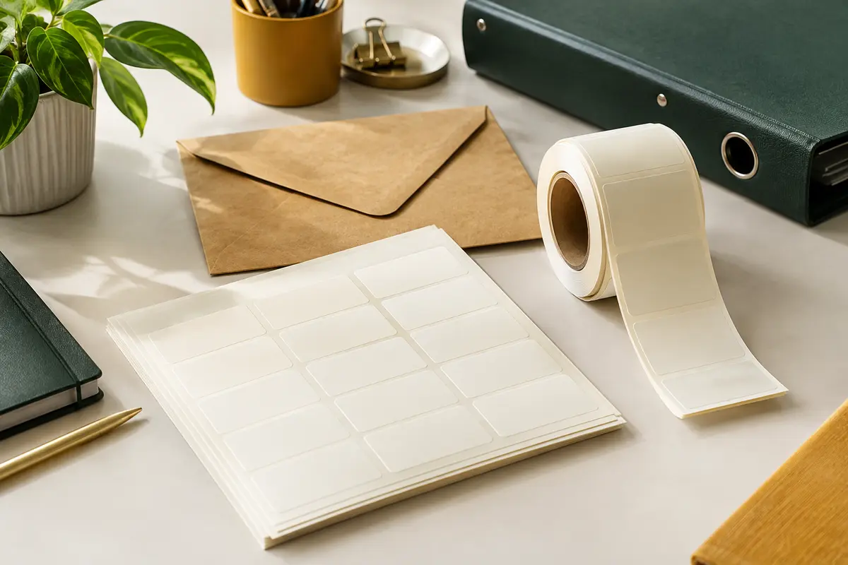 Feuilles et rouleau d’étiquettes vierges près d’une enveloppe kraft
