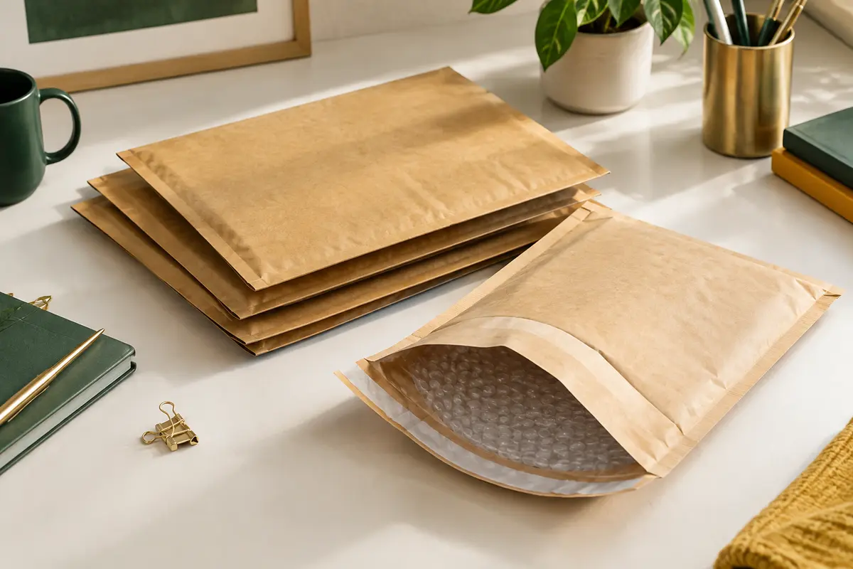 Pochettes d’expédition kraft et matelassées montrant leur intérieur protecteur