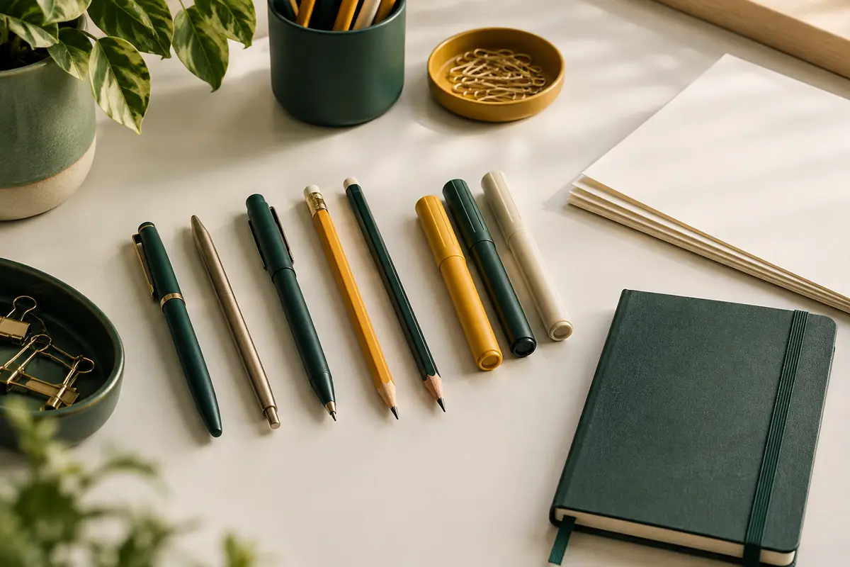 Stylos, crayons et marqueurs alignés à côté de feuilles vierges