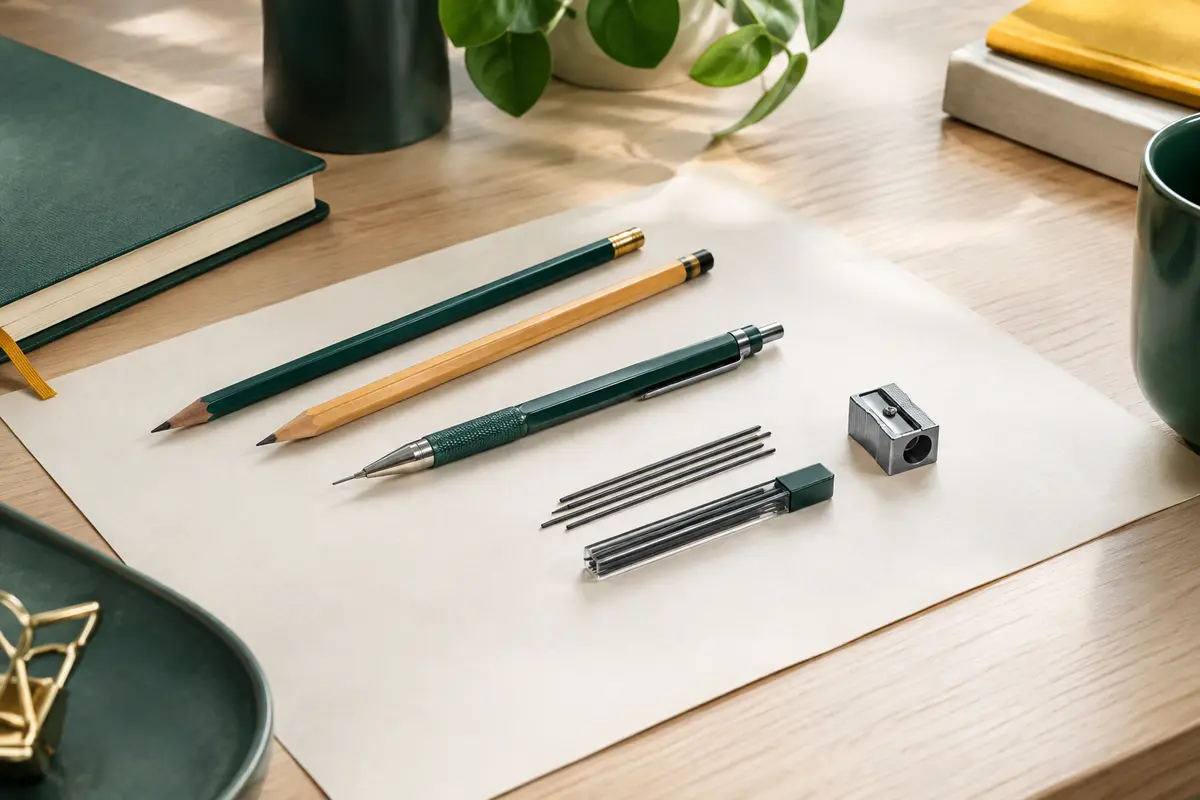 Crayons à papier et porte-mines réunis sur une feuille vierge