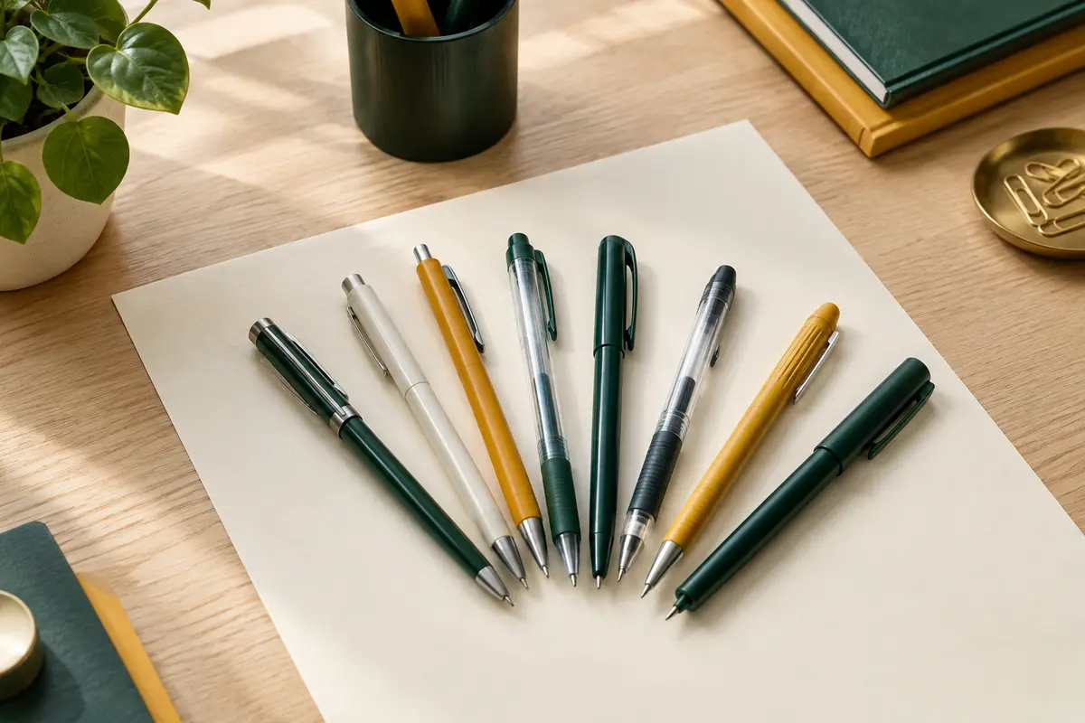 Stylos à bille, stylos gel et rollers disposés sur une feuille vierge