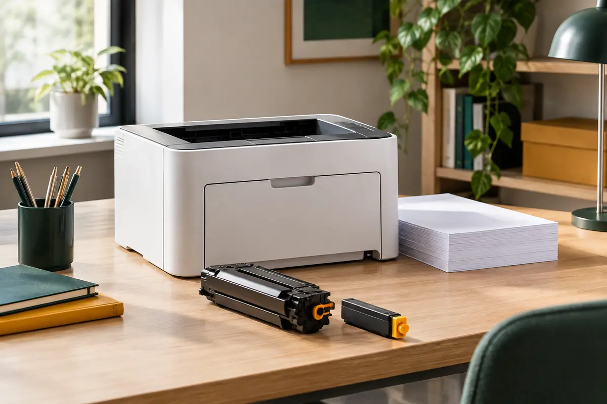 Imprimante de bureau et consommables disposés près d’une pile de papier