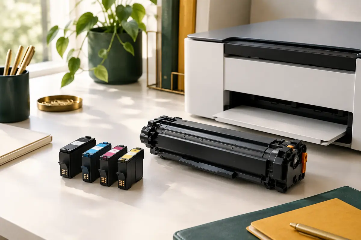 Cartouches d’encre et toner placés près d’une imprimante de bureau