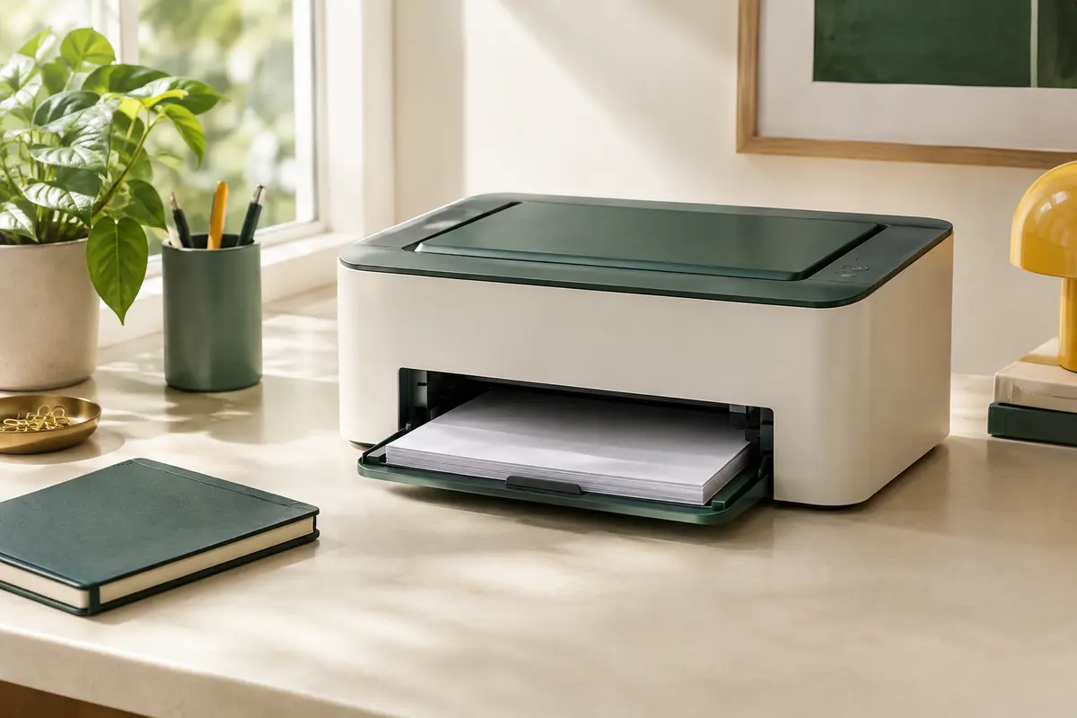 Imprimante de bureau compacte avec des feuilles vierges dans le bac