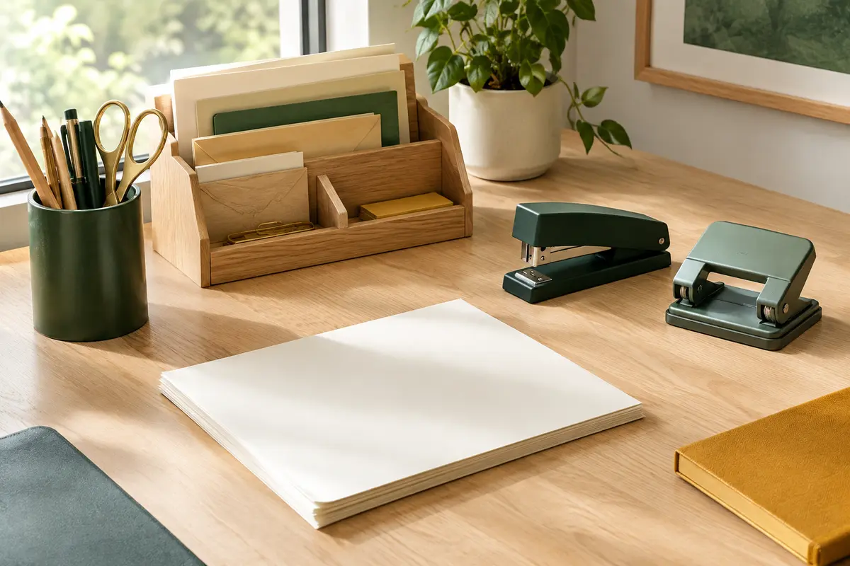 Organiseur de bureau, agrafeuse et perforatrice sur un espace de travail