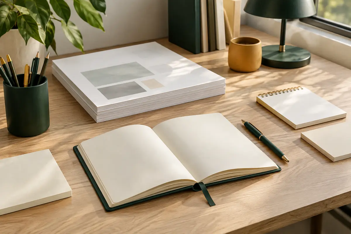 Papier d’impression, cahier vierge et blocs-notes réunis sur un bureau lumineux