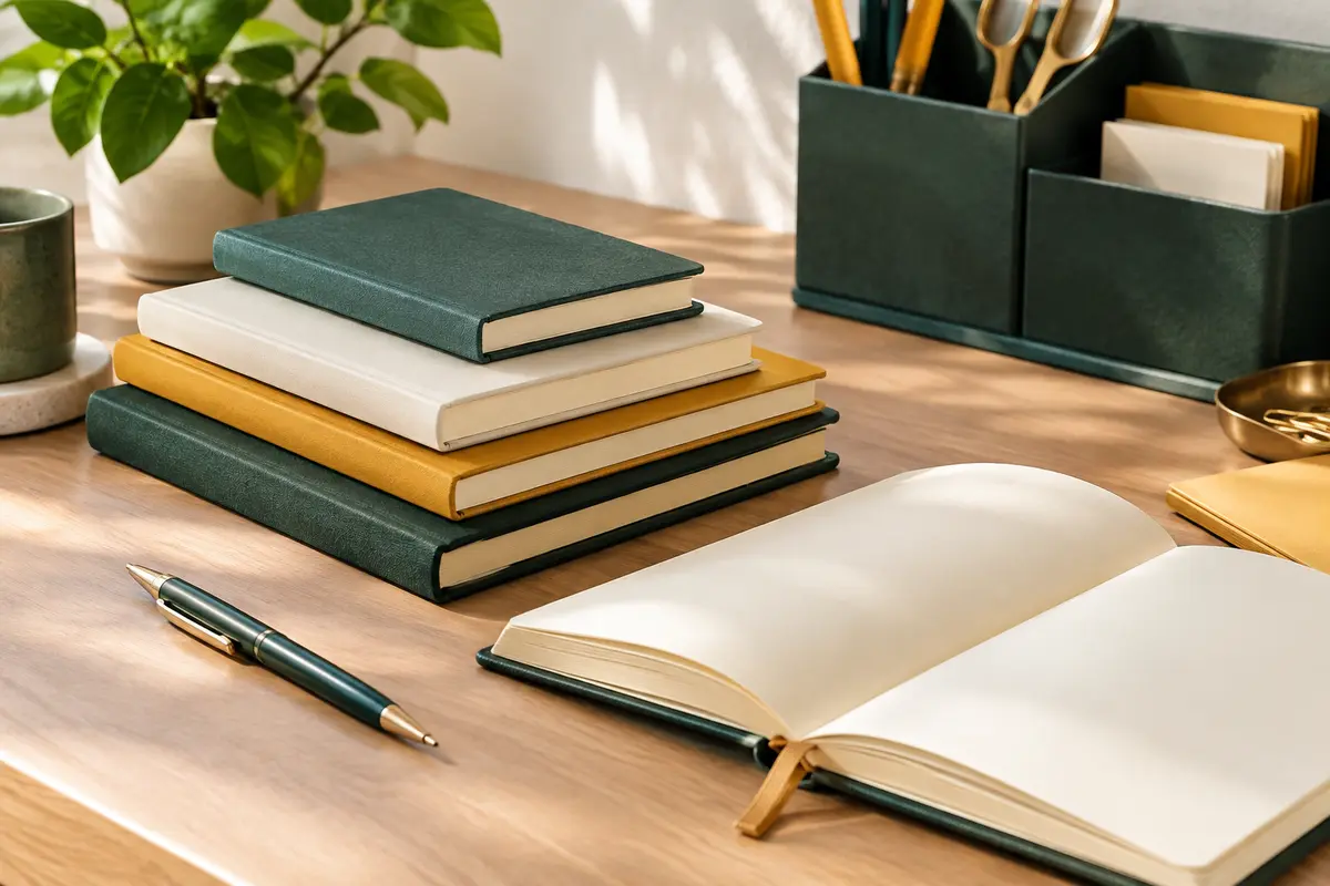 Blocs-notes vierges de plusieurs formats posés sur un bureau organisé