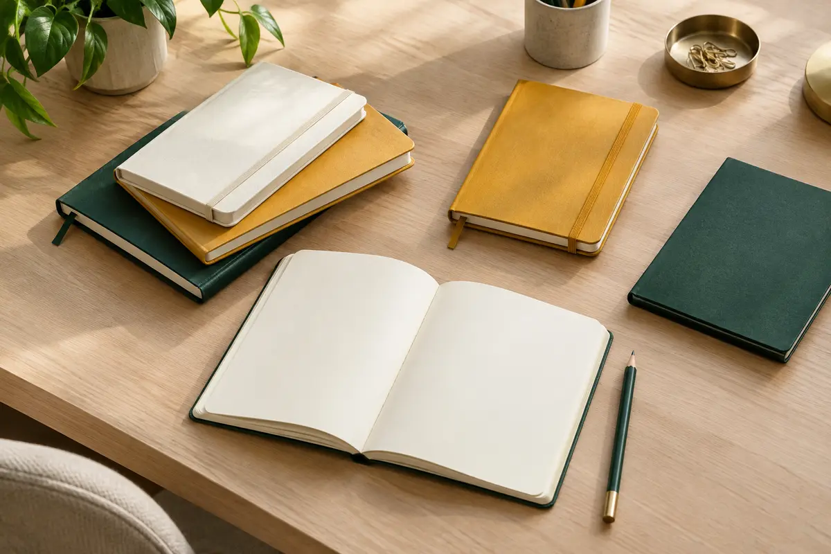 Cahiers et carnets aux couvertures sobres posés sur un bureau clair