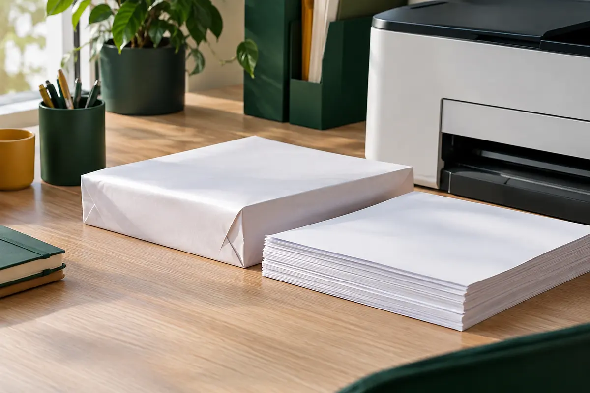 Ramette de papier blanc empilée près d’une imprimante de bureau