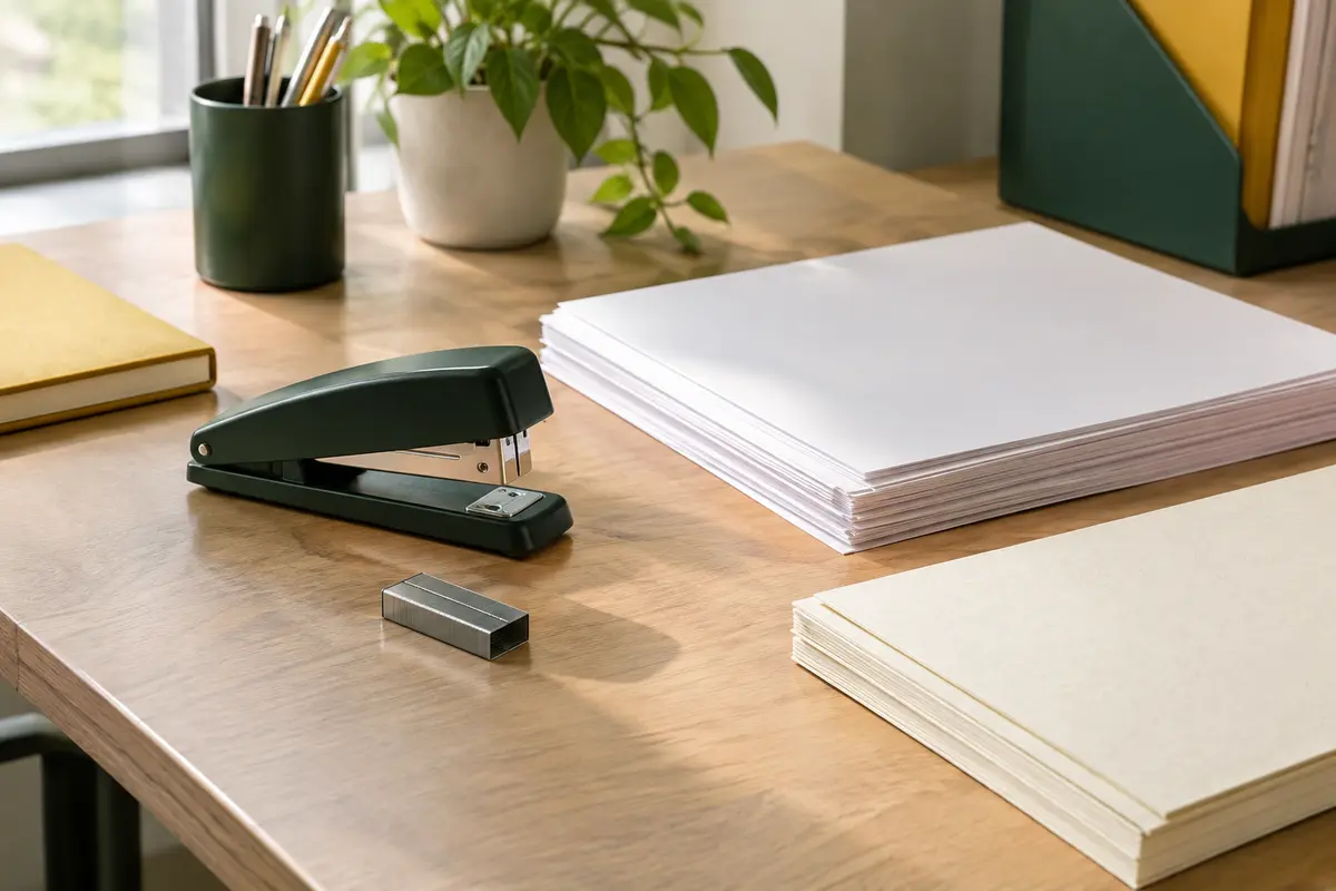 Agrafeuse de bureau placée près d’une pile de documents et d’une barrette d’agrafes