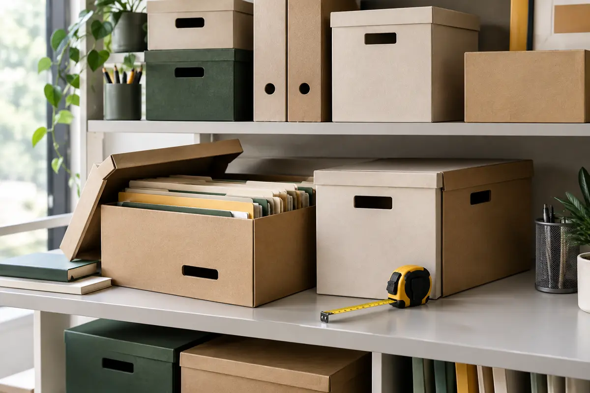 Boîtes d’archives de formats différents alignées sur une étagère, avec un mètre ruban posé à côté