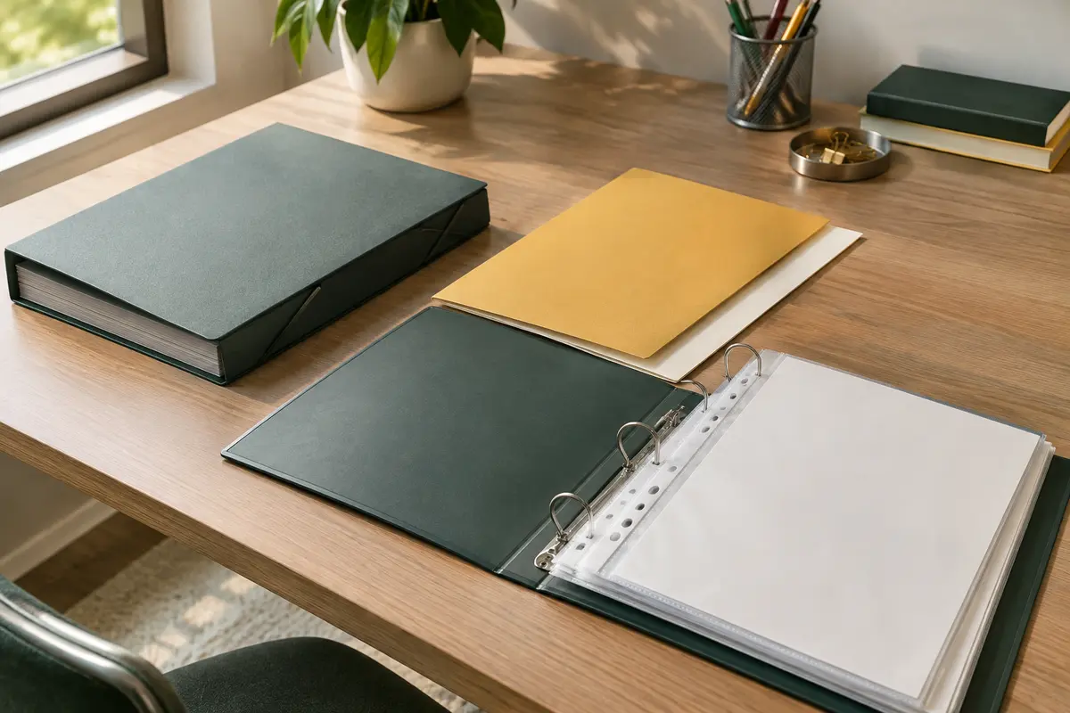 Chemise, sous-chemise et pochette perforée disposées sur un bureau à côté d’un classeur