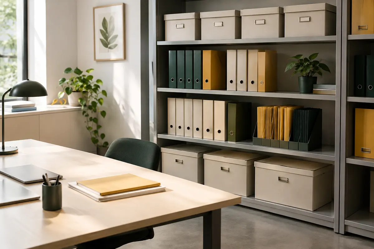 Boîtes d’archives fermées et chemises rangées sur une étagère propre, dans un espace de bureau sec.