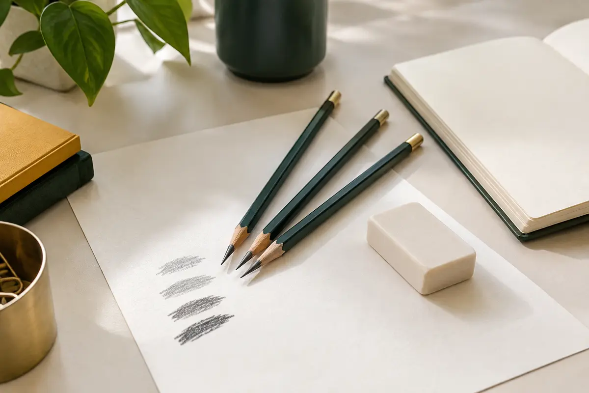 Trois crayons graphite, une gomme et des traits d’essai de différentes intensités sur une feuille