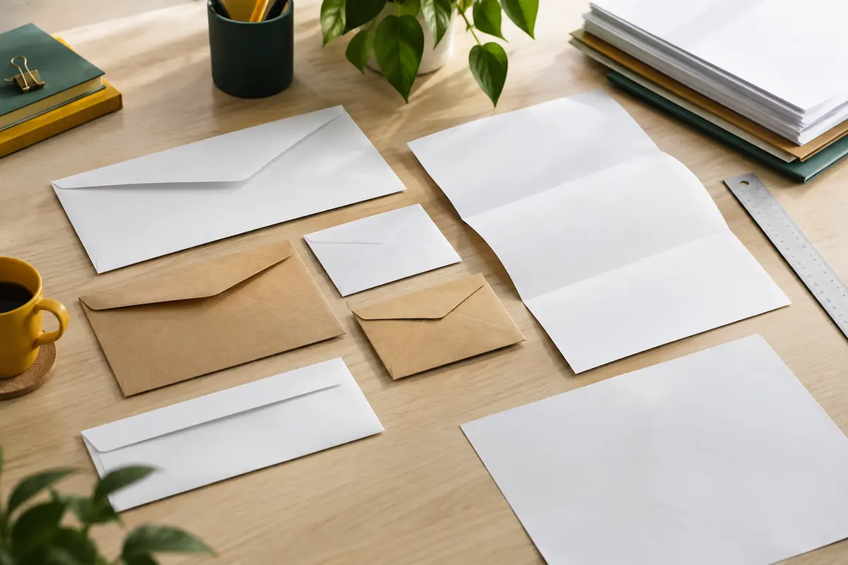 Enveloppes de plusieurs formats disposées avec des documents pliés et à plat à mesurer avant l’envoi