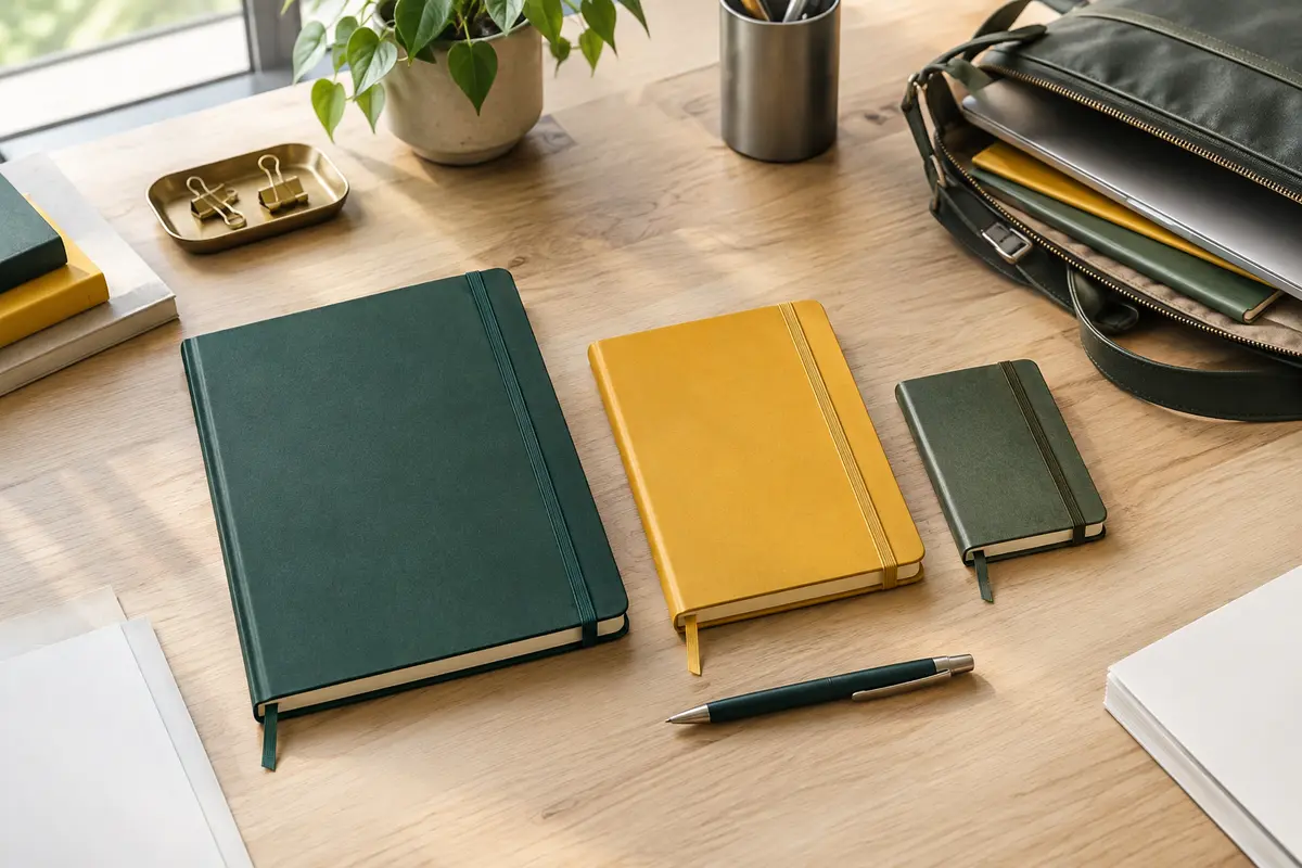 Cahiers de grand, moyen et petit format disposés sur un bureau avec un stylo et une sacoche