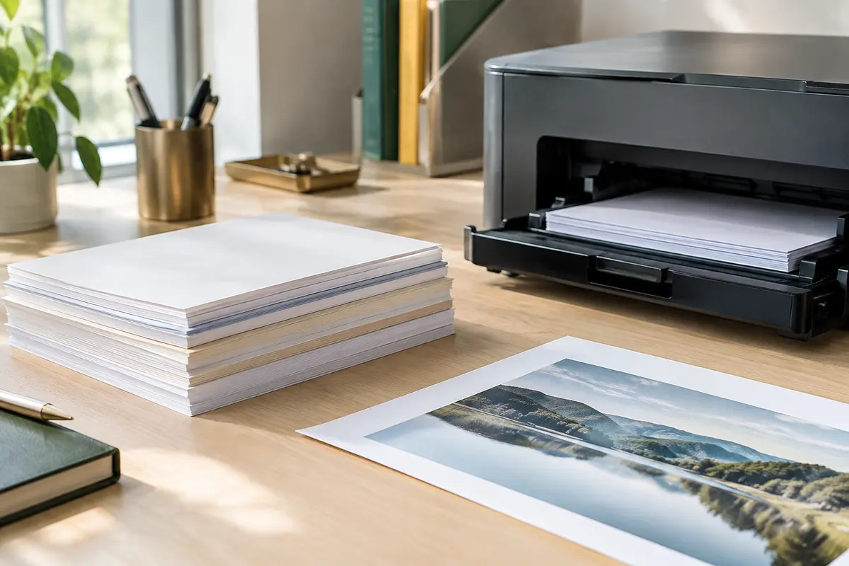 Feuilles de grammages différents à côté d’une imprimante de bureau et d’un document net