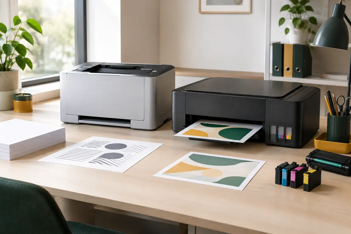 Imprimante laser et imprimante jet d’encre côte à côte sur un bureau avec du papier et des consommables