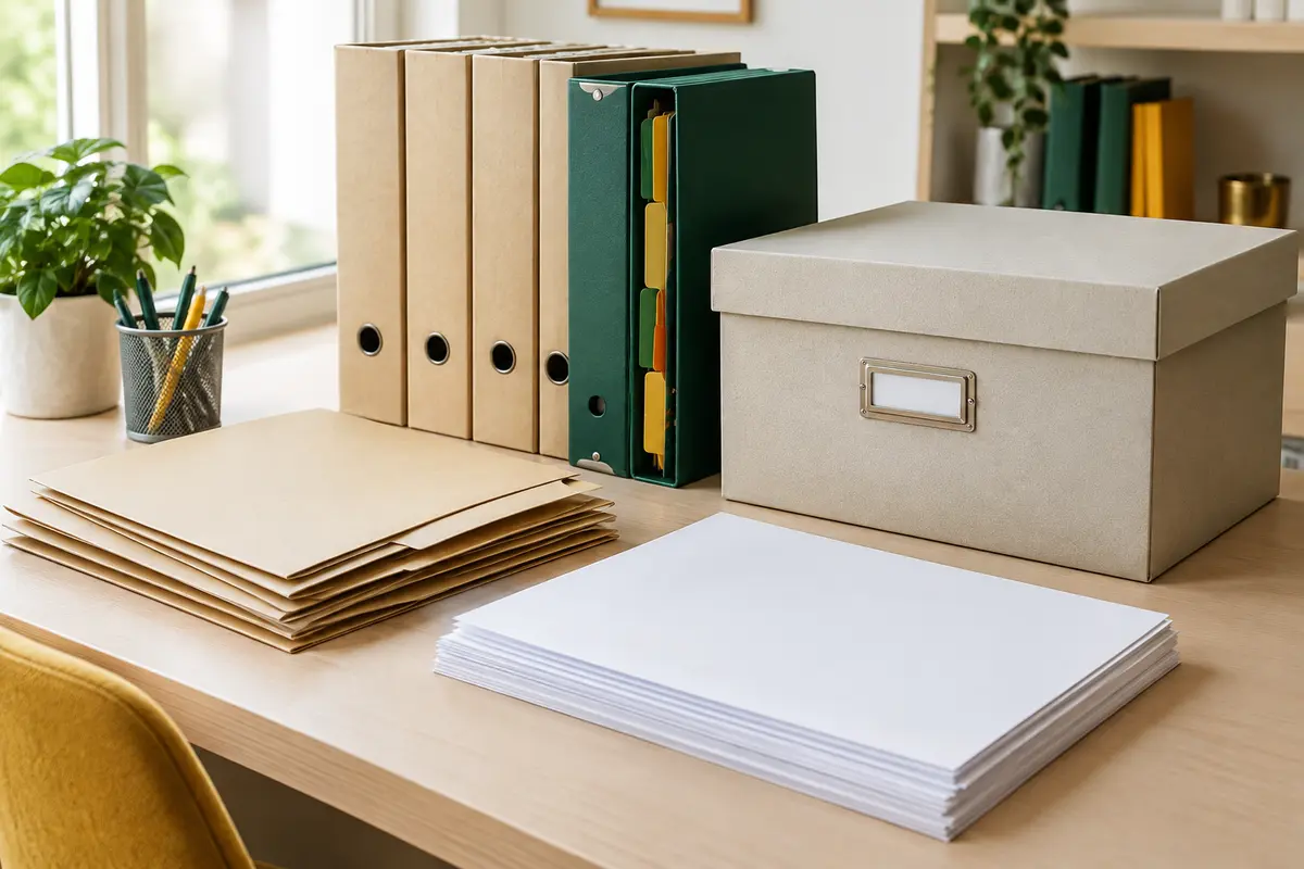 Chemises, classeur et boîte d’archives rangés sur un bureau pour organiser des papiers administratifs.
