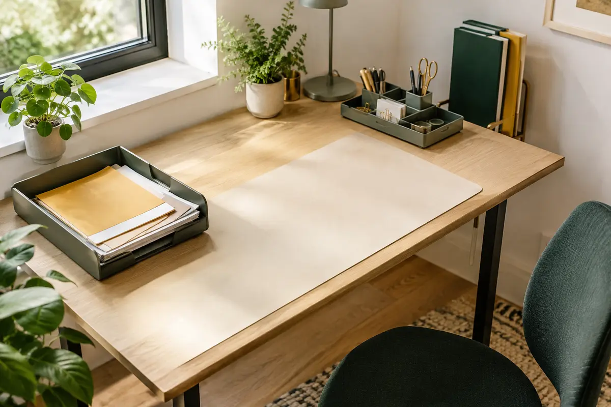 Petit bureau organisé en trois zones, avec documents en cours, fournitures regroupées et plateau central dégagé.