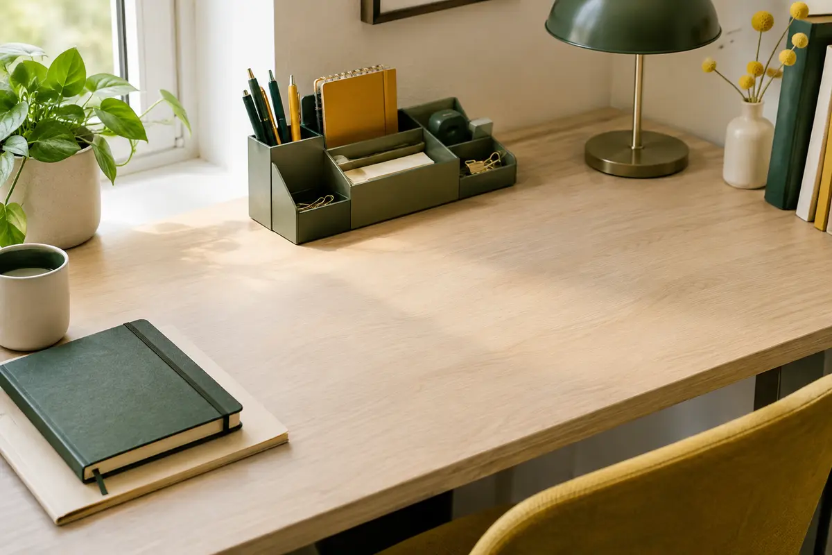 Organiseur de bureau compact avec stylos et carnet sur un plateau dégagé