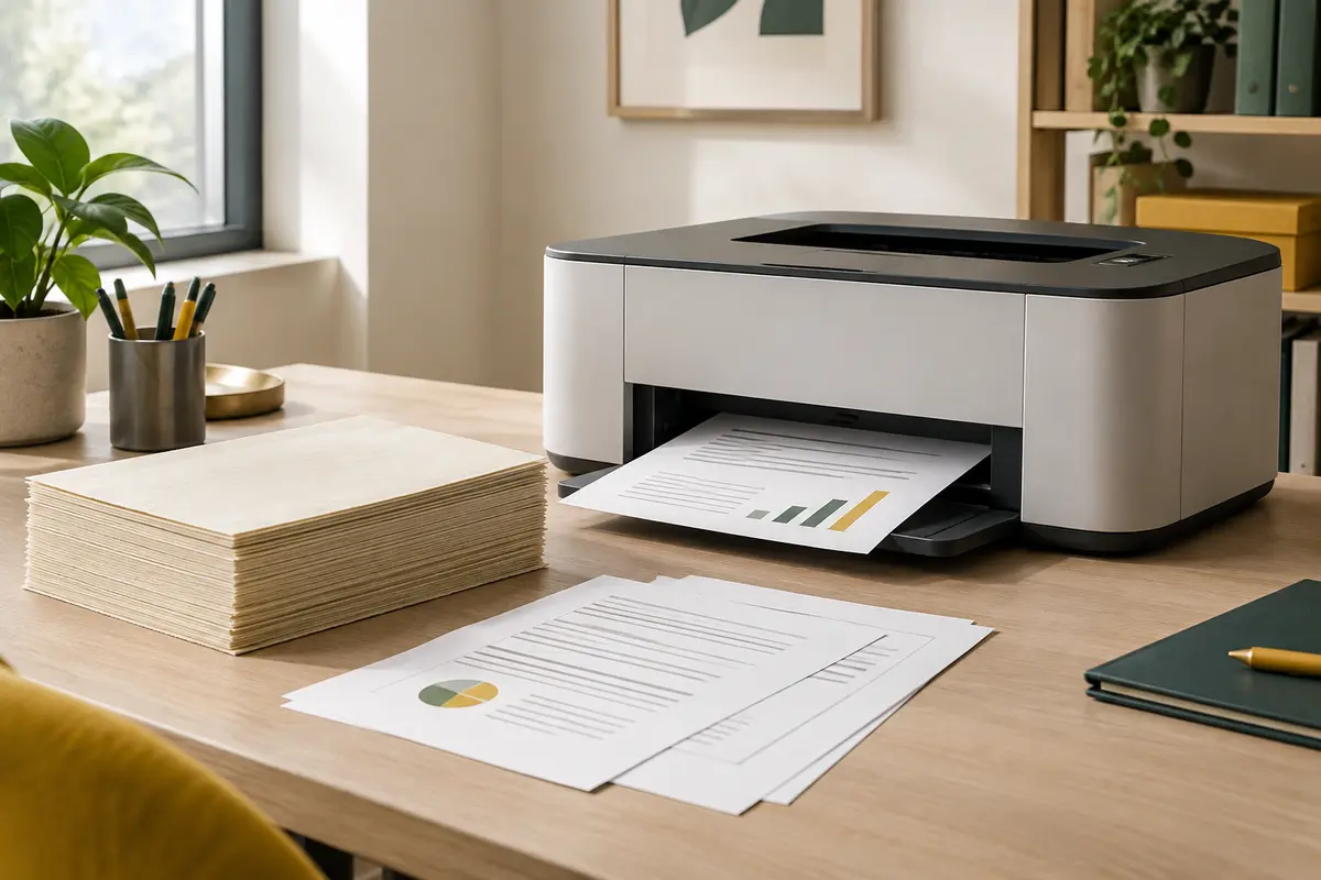 Imprimante de bureau et feuilles de papier recyclé avec un document professionnel imprimé