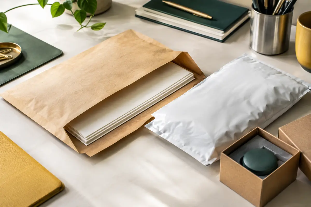 Enveloppe, pochette souple et boîte rigide illustrent plusieurs protections pour préparer un envoi.