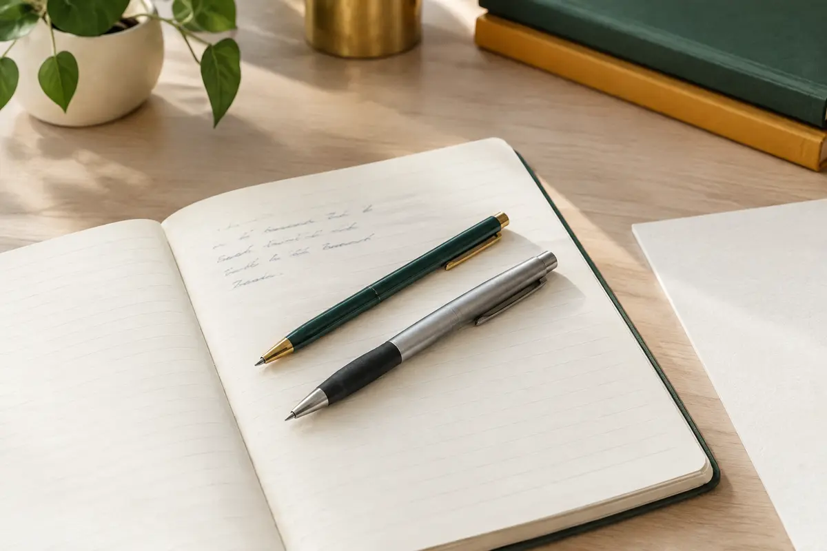 Deux stylos posés sur un cahier ouvert pour comparer la finesse de leur tracé sur papier.