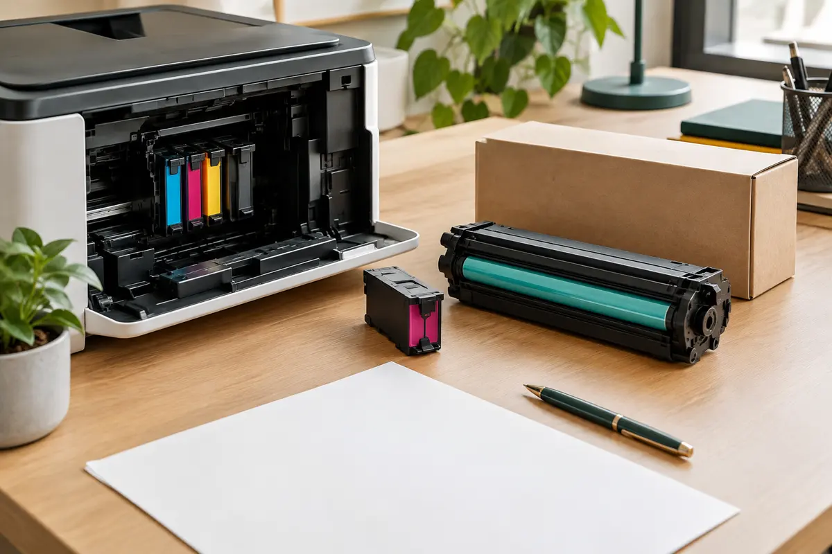 Imprimante de bureau ouverte avec une cartouche et un toner posés à côté pour vérifier leur compatibilité