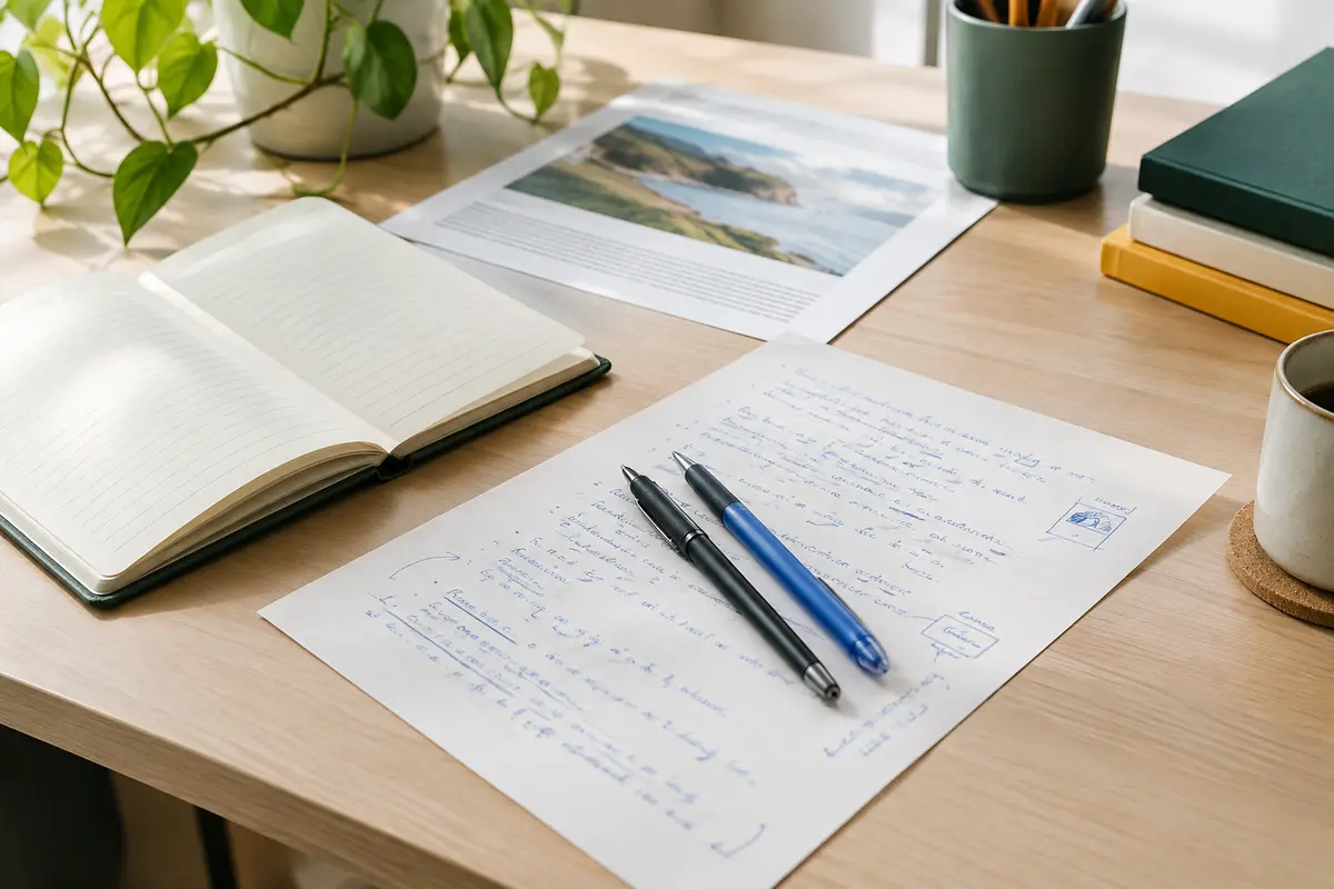 Stylo bille et stylo gel posés sur des notes et un document annoté