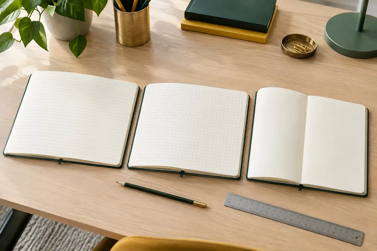 Trois carnets ouverts montrent des pages lignées, quadrillées et unies sur un bureau clair.