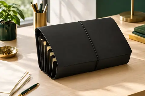 Trieur à soufflets noir ABC life ouvert sur un bureau rangé, avec ses compartiments extensibles visibles