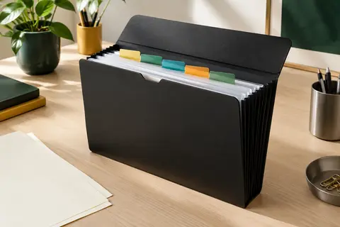 Trieur accordéon noir mat ouvert, avec ses pochettes A4 et ses onglets de couleur sur un bureau rangé.