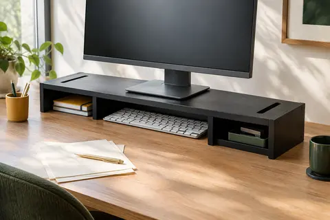 Rehausseur d’écran noir réglable avec fentes et rangements, installé sur un bureau organisé.