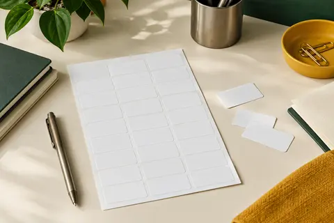 Feuille d’étiquettes blanches rectangulaires Avery, avec quelques étiquettes décollées sur un bureau rangé.