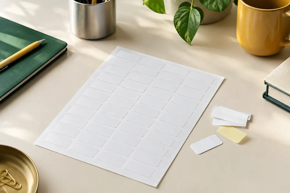 Feuille A4 blanche avec des étiquettes rectangulaires vierges posée sur un bureau rangé