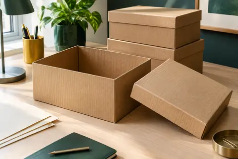 Boîte d’archives marron en carton avec couvercle amovible, présentée sur un bureau rangé