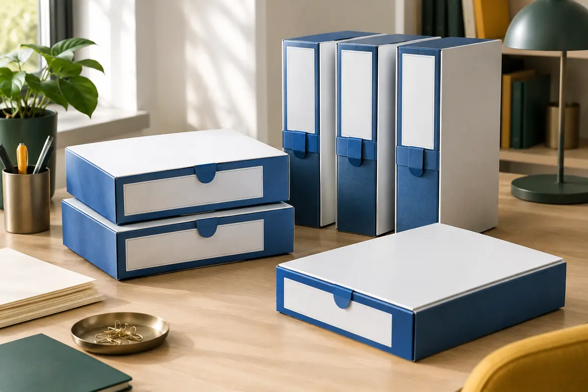 Boîtes d’archives Bankers Box blanches et bleues rangées à plat et debout sur un bureau organisé.