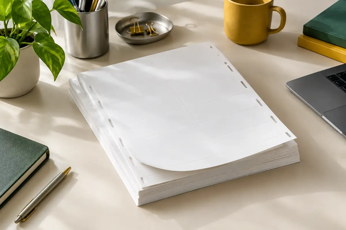 Feuilles d’étiquettes autocollantes blanches mates pleine page posées sur un bureau rangé