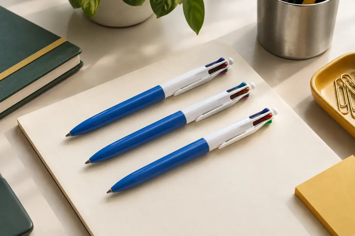 Trois stylos bille bleu et blanc à quatre couleurs, disposés sur un bureau avec du papier ivoire.