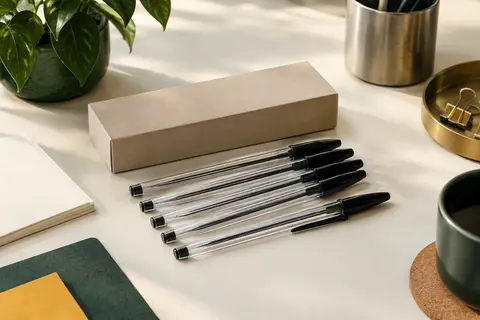 Lot de stylos à bille noirs à corps transparent hexagonal, rangés sur un bureau avec du papier ivoire