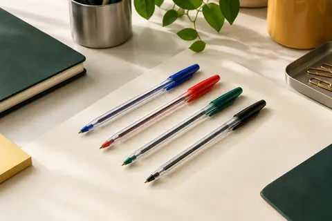 Stylos-bille transparents à capuchons bleus, rouges, verts et noirs disposés sur un bureau clair