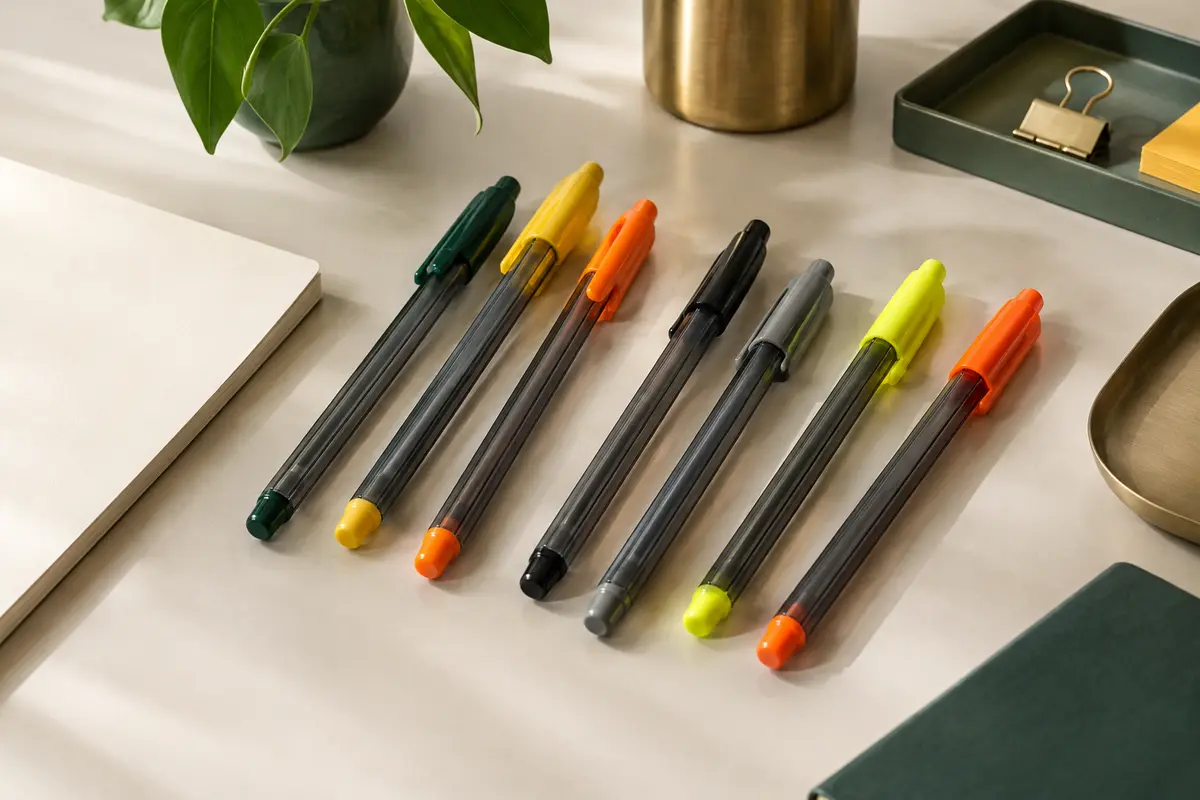 Stylos-bille hexagonaux aux capuchons colorés disposés sur un bureau avec du papier ivoire
