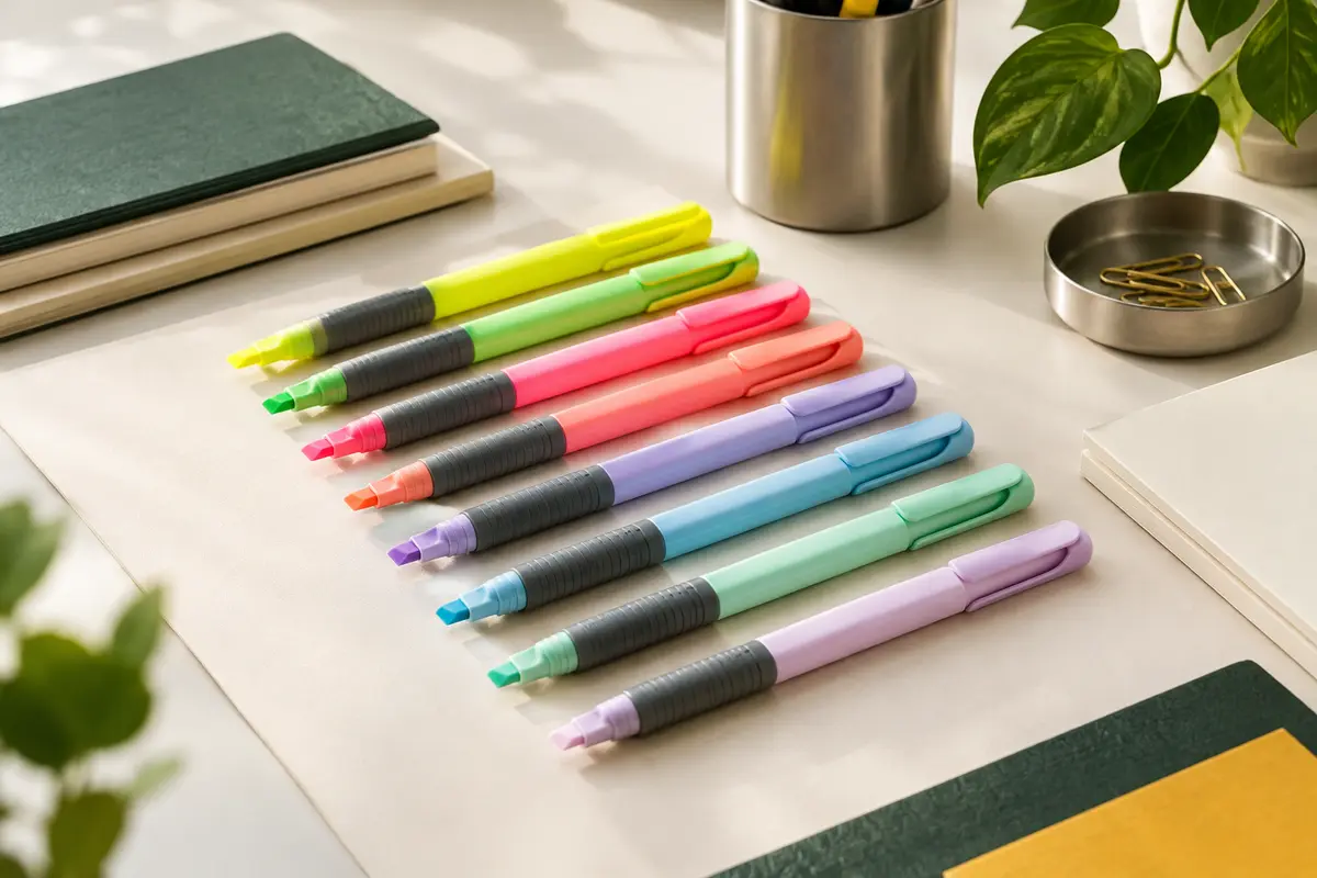 Surligneurs BIC Highlighter Grip aux tons intenses et pastel, avec corps colorés et grips rainurés sur un bureau clair.